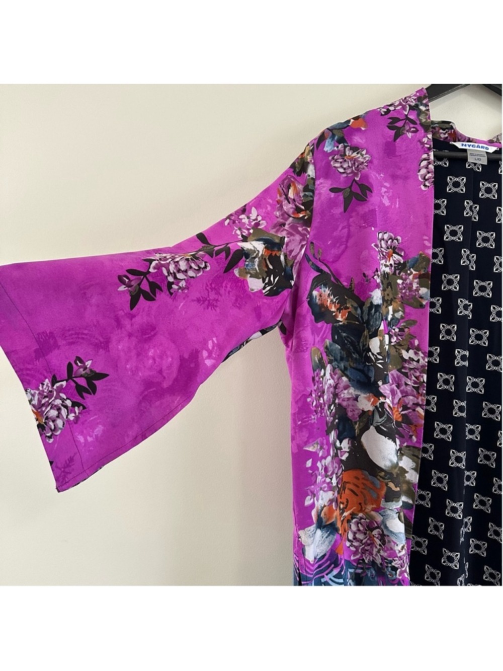 Peter Nygard Floral Kimono Duster Cardigan Jacket Size Large Pink Blue Lined - Picture 9 of 13